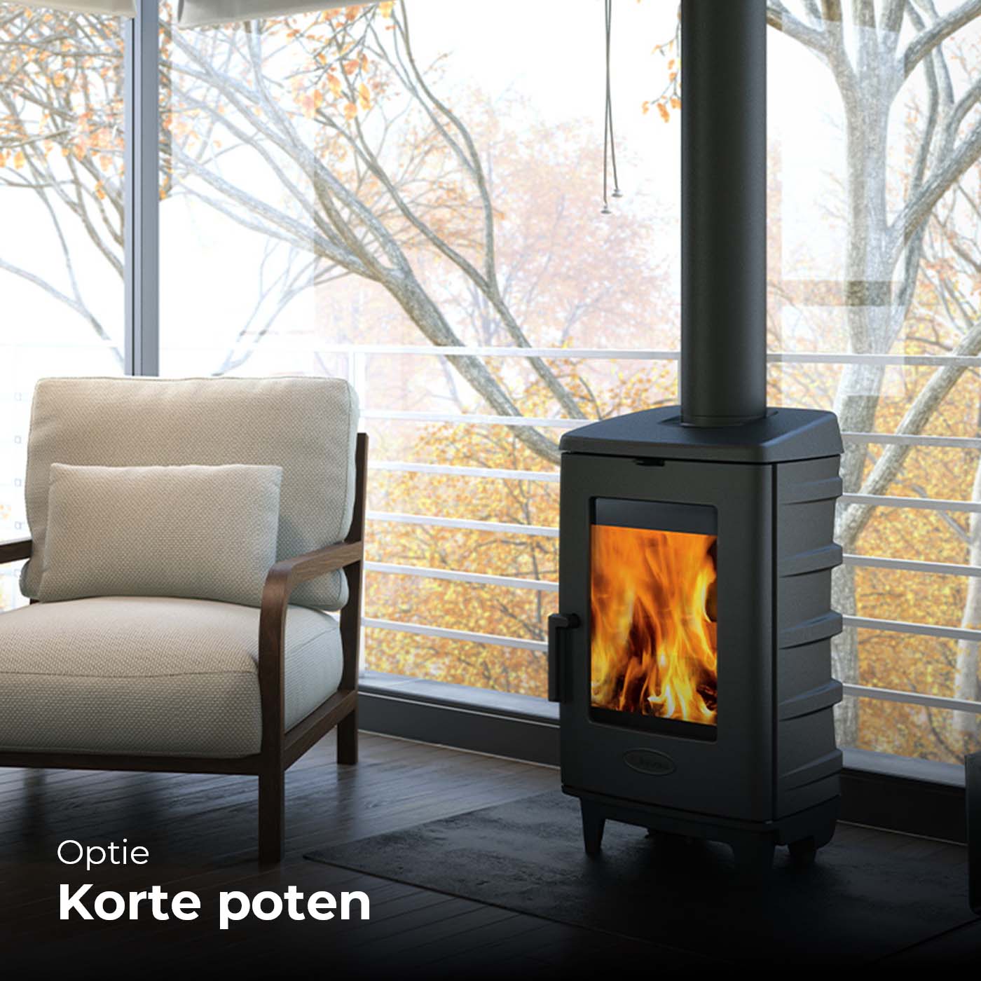 Dovre BRUT houtkachel met korte poten in moderne woonkamer
