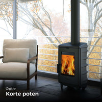 Dovre BRUT houtkachel met korte poten in moderne woonkamer