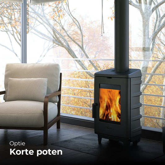 Dovre BRUT houtkachel met korte poten in moderne woonkamer