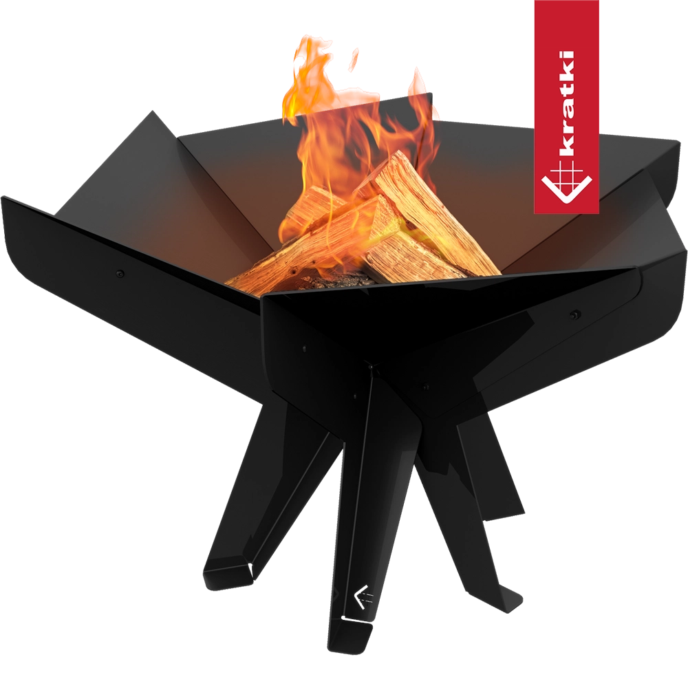 Kratki Hex vuurkorf met brandend hout op groene achtergrond