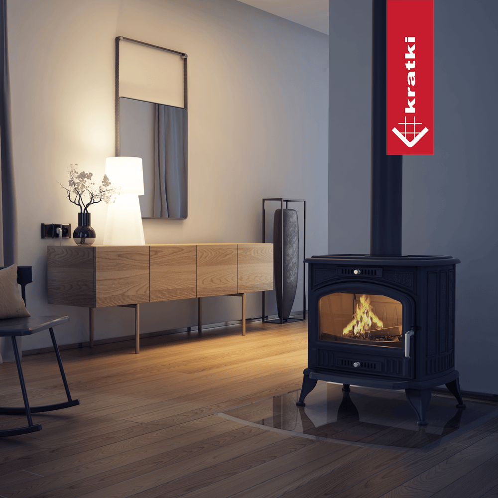 Kratki K6 CV in een moderne woonkamer met brandend vuur