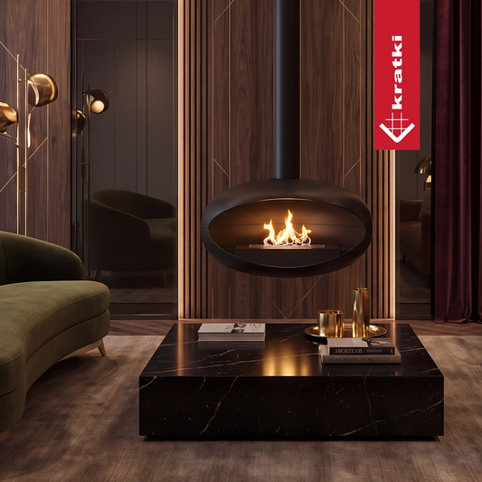 Kratki Ovo Hangend hangende haard met brandend vuur in een modern interieur