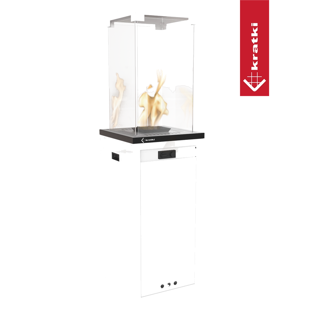 Kr​​atki Patio Light vrijstaande witte terrasverwarmer met glazen ombouw en vlammen