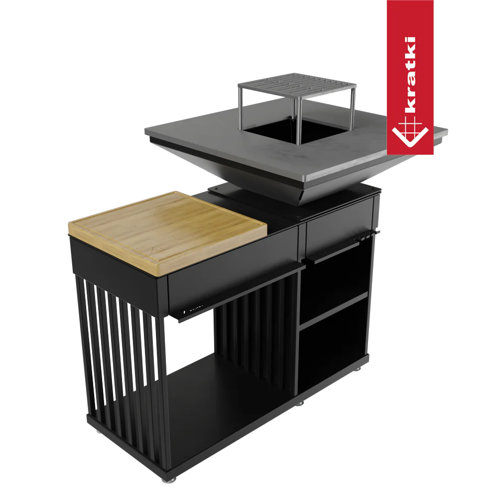 Kratki Quadrum BBQ buitenhaard met grillplaat en houten werkblad