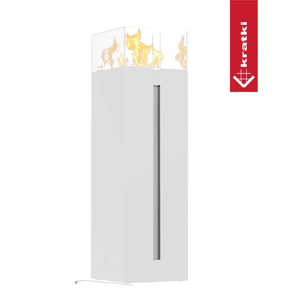 Kratki Romeo witte haard met hoge vlammen en rood Kratki-logo