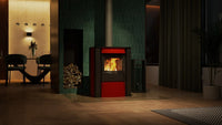HS Flamingo Amos houtkachel met brandend vuur in een modern interieur