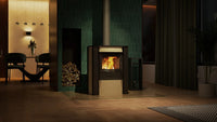 HS Flamingo Amos houtkachel met brandend vuur in een stijlvol interieur