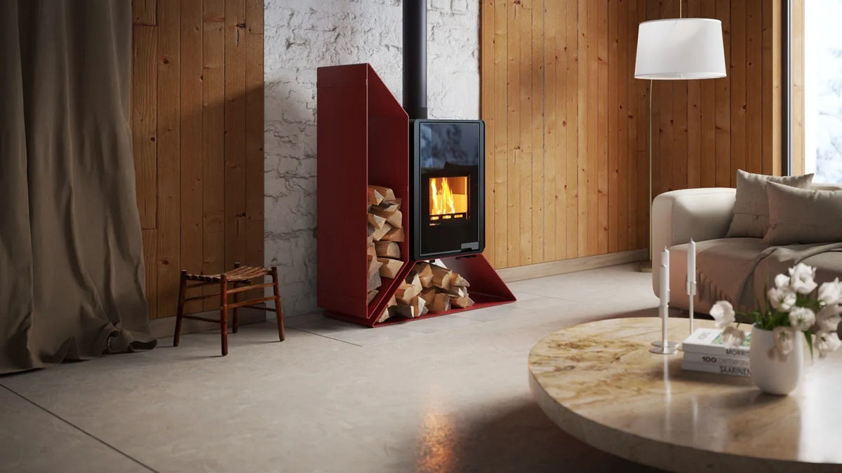 HS Flamingo Deluxe Kampa Links houtkachel met brandend vuur in een moderne woonkamer