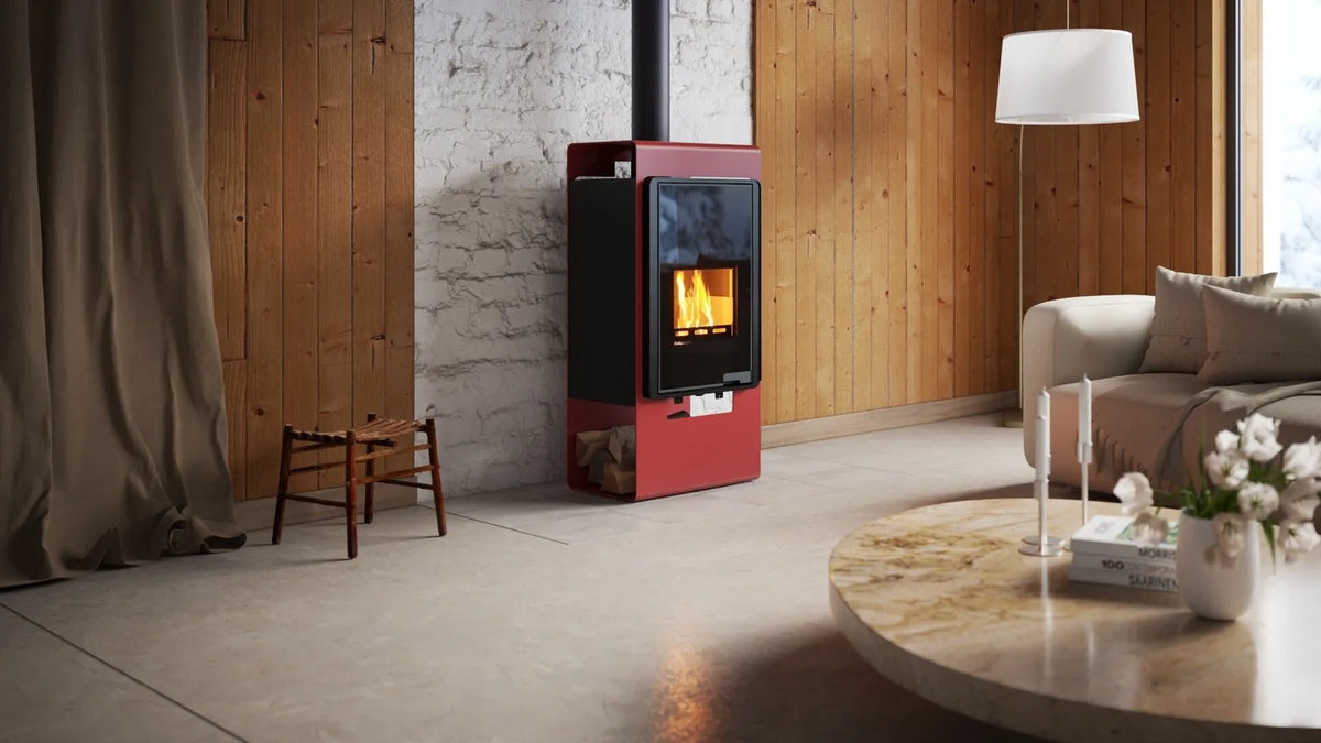 HS Flamingo Deluxe Singa houtkachel met brandend vuur in een sfeervolle woonkamer