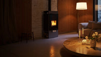 HS Flamingo Deluxe Singa houtkachel met brandend vuur in een sfeervolle woonkamer