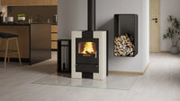 HS Flamingo Espo I houtkachel met brandend vuur in een modern interieur