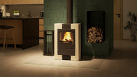 HS Flamingo Espo I houtkachel met brandend vuur in een modern interieur