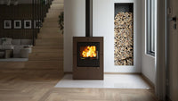 HS Flamingo Evenes houtkachel met brandend vuur in een modern interieur