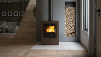 HS Flamingo Evenes houtkachel met brandend vuur in een modern interieur