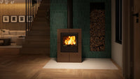 HS Flamingo Evenes houtkachel met brandend vuur in een modern interieur