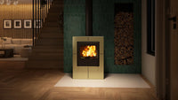 HS Flamingo Evenes houtkachel met brandend vuur in een modern interieur