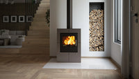 HS Flamingo Evenes houtkachel met brandend vuur in een modern interieur