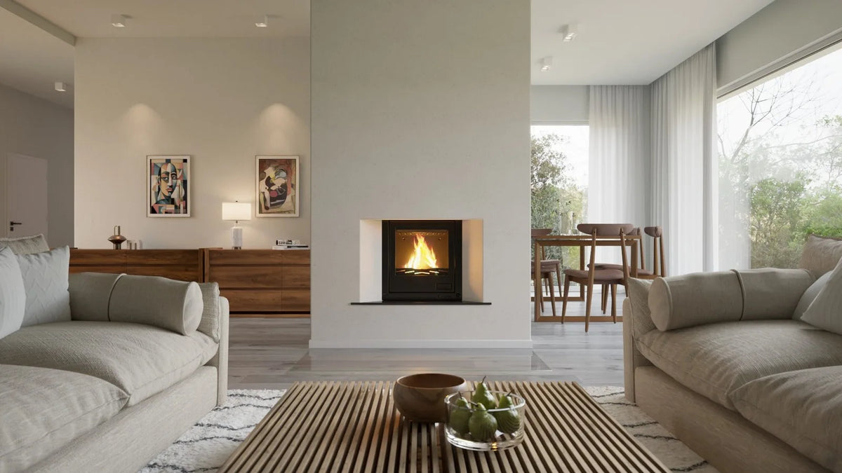 HS Flamingo Aquaflam 17 Inzet met brandend vuur in een moderne woonkamer