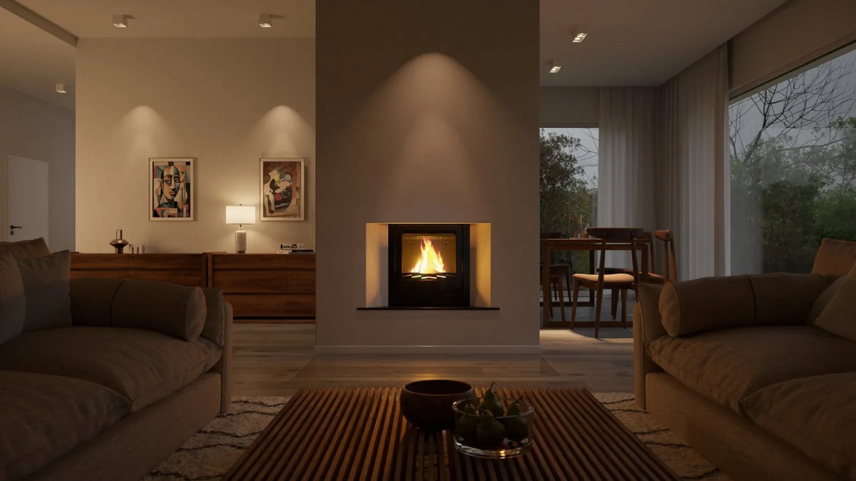 HS Flamingo Aquaflam 17 Inzet met brandend vuur in een moderne woonkamer