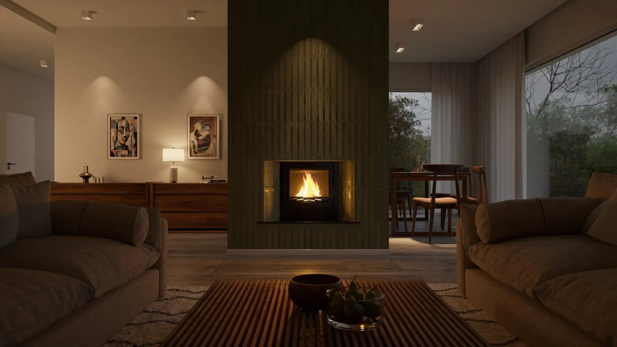 HS Flamingo Aquaflam 17 Inzet met brandend vuur in een moderne woonkamer