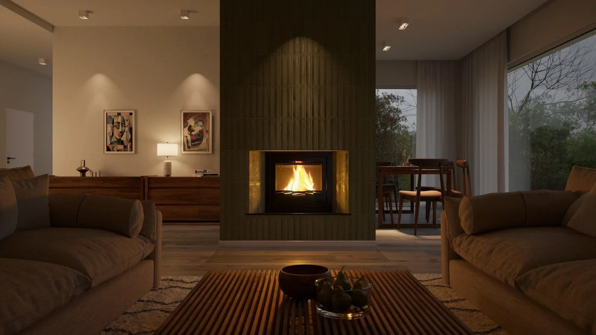 HS Flamingo Aquaflam 25 Inzet ingebouwd in een moderne woonkamer met brandend vuur