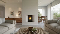 HS Flamingo Aquaflam 7 Inzet ingebouwd in moderne woonkamer, met brandend vuur