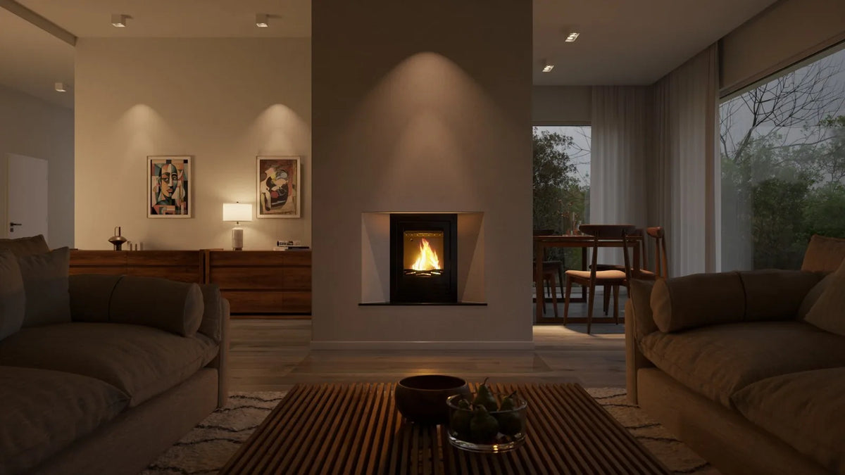 HS Flamingo Aquaflam 7 Inzet met brandend vuur in een moderne woonkamer