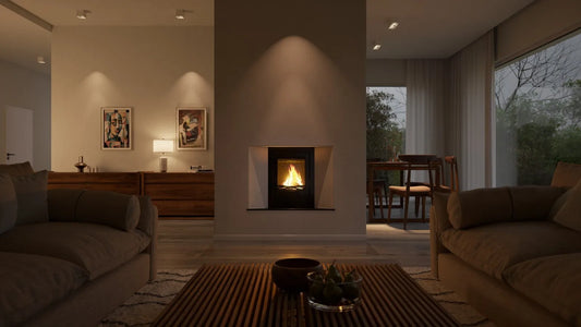 HS Flamingo Aquaflam 7 Inzet met brandend vuur in een moderne woonkamer