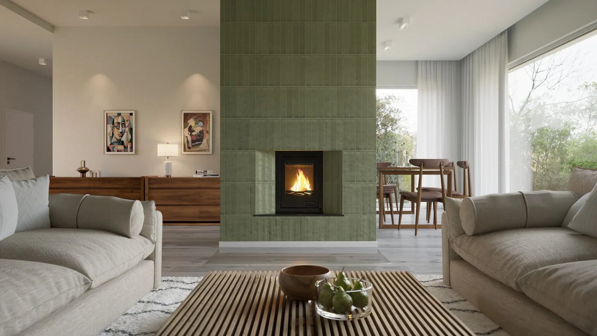 HS Flamingo Aquaflam 7 Inzet met brandend vuur in een moderne woonkamer