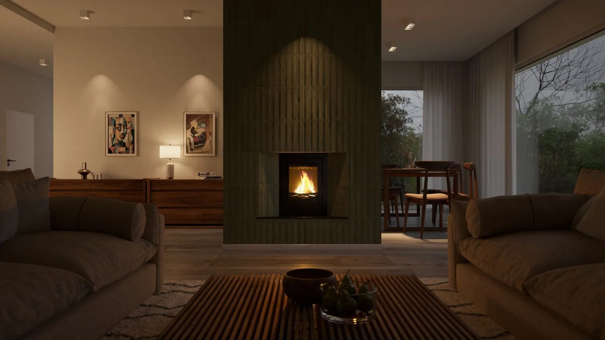 HS Flamingo Aquaflam 7 Inzet met brandend vuur in een moderne woonkamer