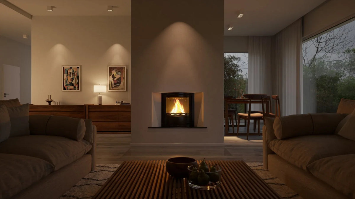 HS Flamingo Aquaflam 17 Inzet brandend ingebouwd in een moderne woonkamer