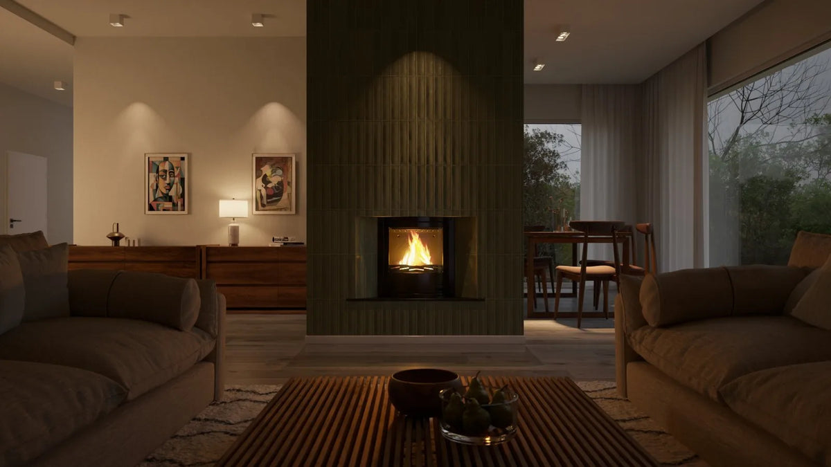 HS Flamingo Aquaflam 17 Inzet met brandend vuur in moderne woonkamer