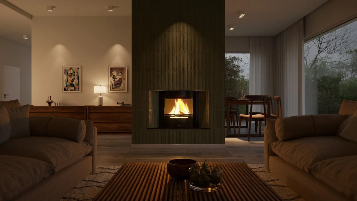 HS Flamingo Aquaflam 25 Inzet met brandend vuur in een moderne woonkamer