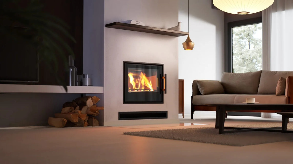 HS Flamingo M9 Inzet met brandend vuur in een moderne woonkamer
