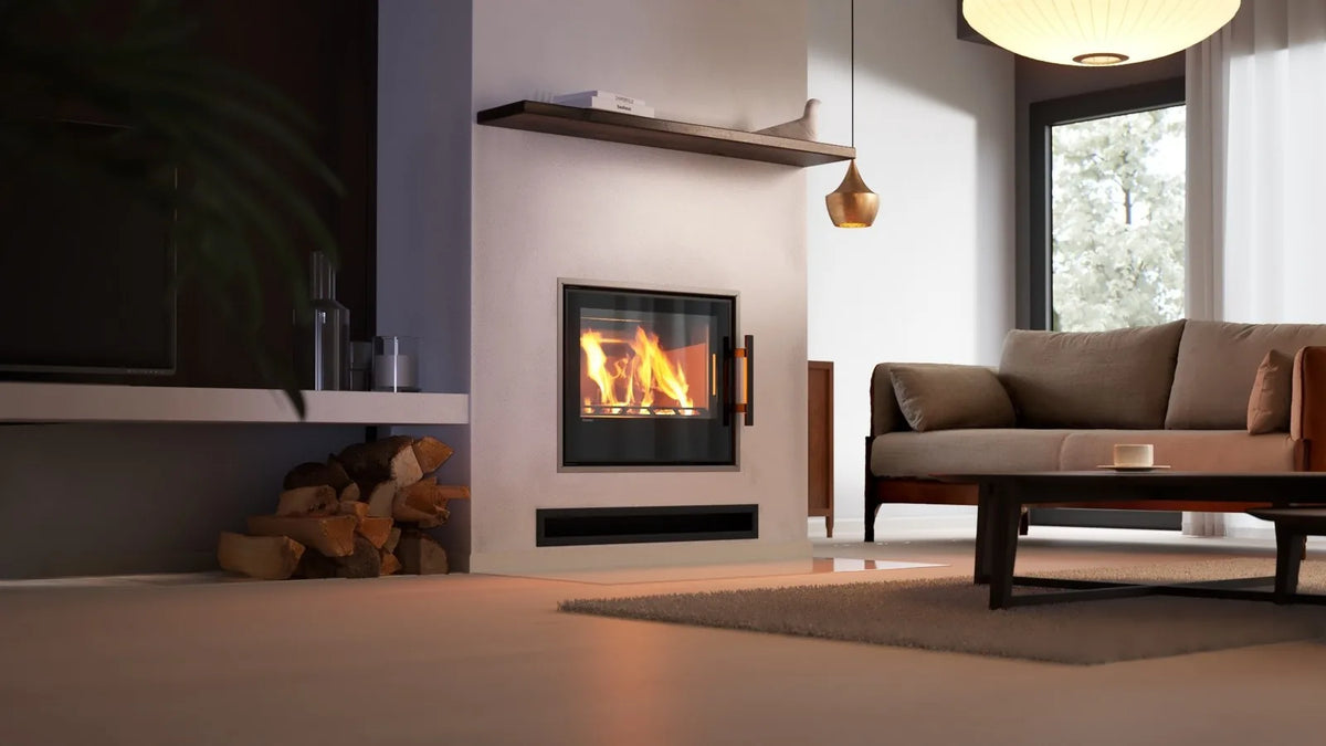 HS Flamingo M9 Inzet met brandend vuur in een moderne woonkamer