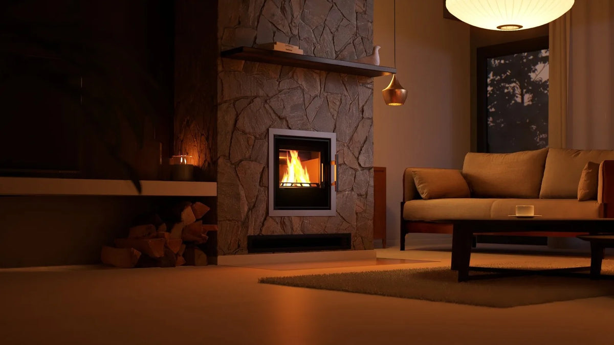 HS Flamingo S5 Inzet met brandend vuur in een sfeervolle woonkamer