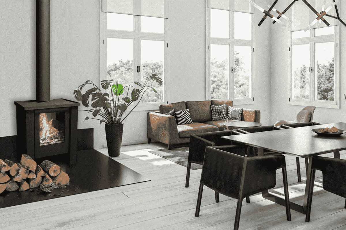 Element4 Kudos gaskachel in moderne woonkamer met brandend vuur