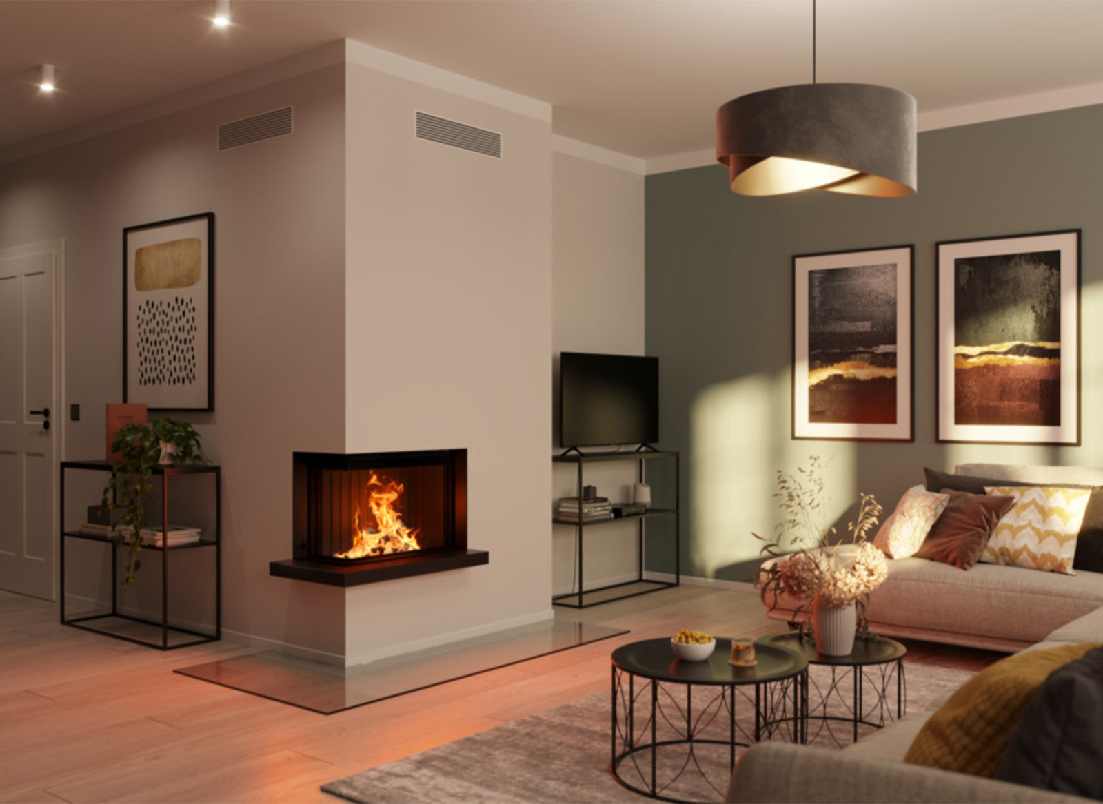 Spartherm Lean Corner 68x28x48 in moderne woonkamer met hoekhaard en vlammen