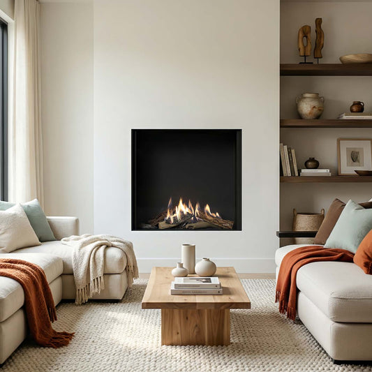 Wanders Lenga 800 front in moderne woonkamer met brandend vuur