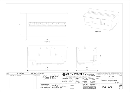 Technische tekening van Dimplex Opti-myst Cassette 400 LED elektrische haard zonder houtset.