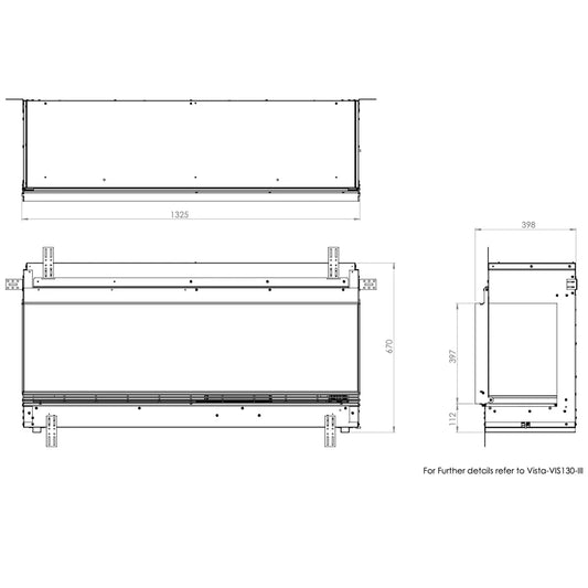 Technische tekening van Dimplex Opti-V Vista 130 I met afmetingen en aanzicht.