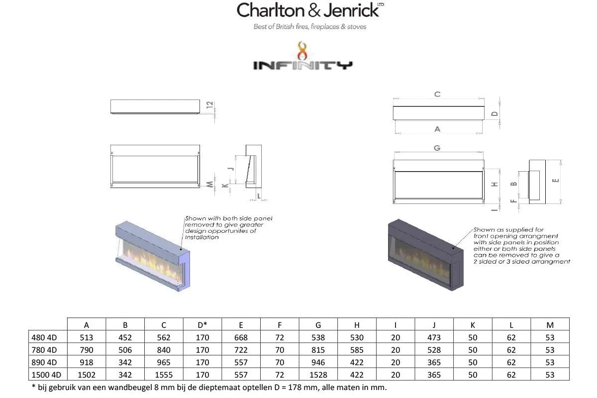 Charlton & Jenrick Ecoflame i-1500e elektrische haard met afmetingen en installatie-opties.