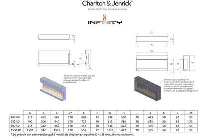 Charlton & Jenrick Ecoflame i-1500e elektrische haard met afmetingen en installatie-opties.