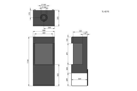 Technische tekening van Trimline Fires Trimline Tourmaline Propaan met gedetailleerde afmetingen en specificaties.