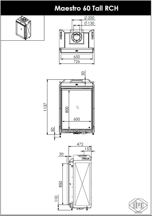 Technische tekening van DRU Maestro 60 Tall Eco Wave met afmetingen en aansluitingen.