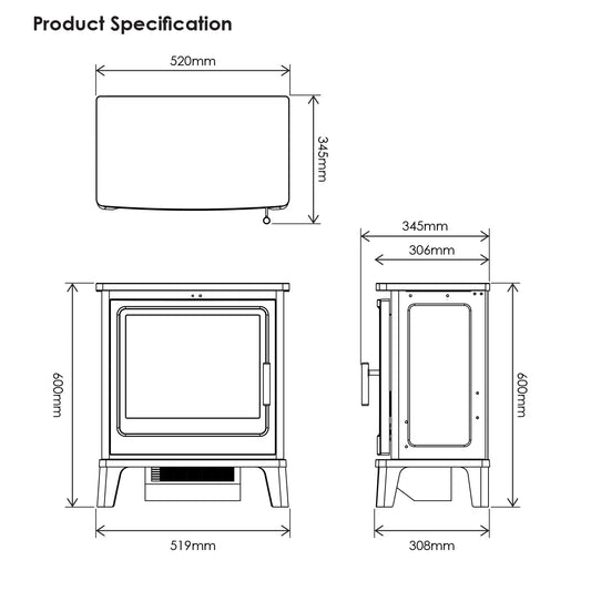 Fair Fires Solution Blackthorn Stove met afmetingen: 600mm hoog, 520mm breed, 345mm diep.