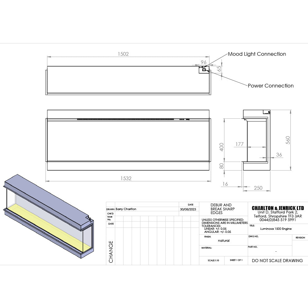 Charlton & Jenrick Luminosa 1500 technische tekening met afmetingen