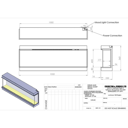 Technische tekening van Charlton & Jenrick Luminosa 150 met afmetingen en aansluitpunten.