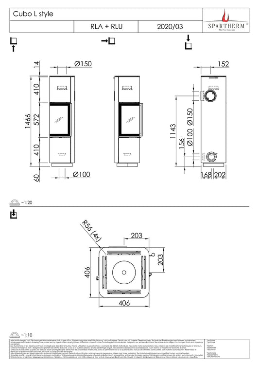 Technische tekening van Spartherm Cubo L Style houtkachel met afmetingen en aansluitdetails.