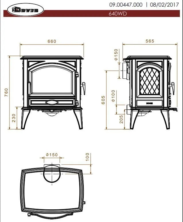 Technische tekening van Dovre 640WD houtkachel met afmetingen en zijaanzichten.